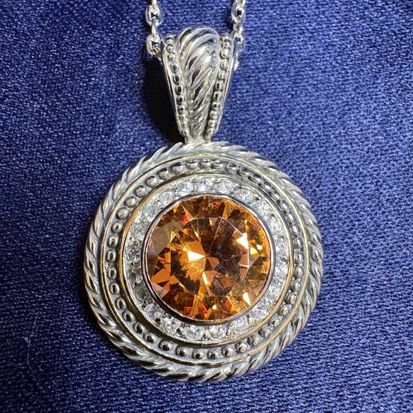 Pendant 925 Sterling Silver with Orange & Clear Cubic Zirconia Detailed - Picture 1 of 6